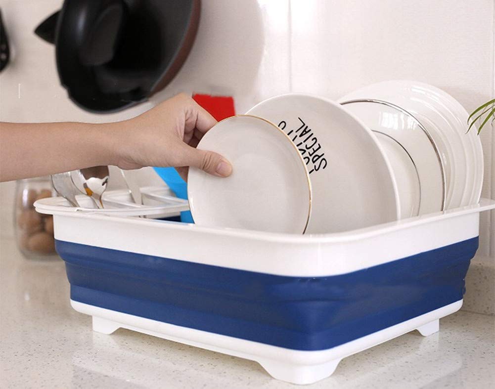 COLLAPSIBLE FOLDING SILICONE DISH DRYING DRAINER RACK WITH SPOON FORK KNIFE STORAGE HOLDER