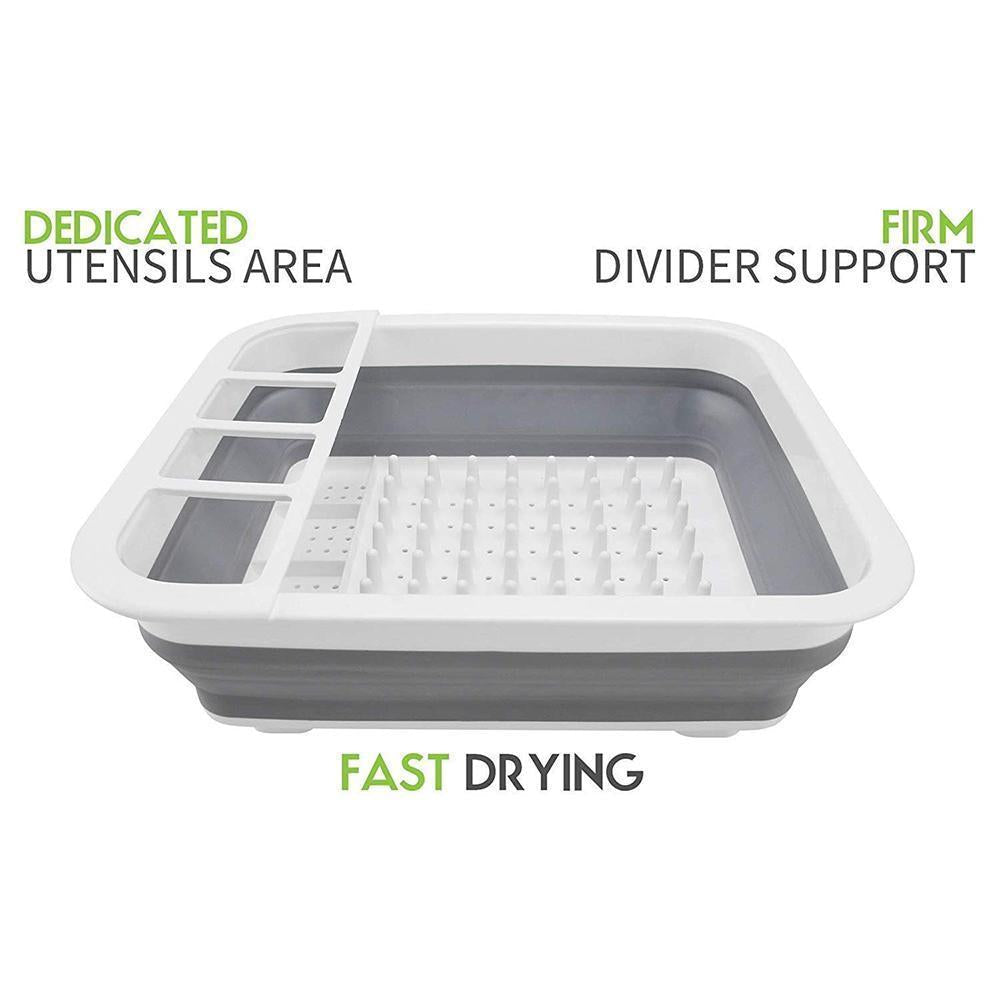 COLLAPSIBLE FOLDING SILICONE DISH DRYING DRAINER RACK WITH SPOON FORK KNIFE STORAGE HOLDER